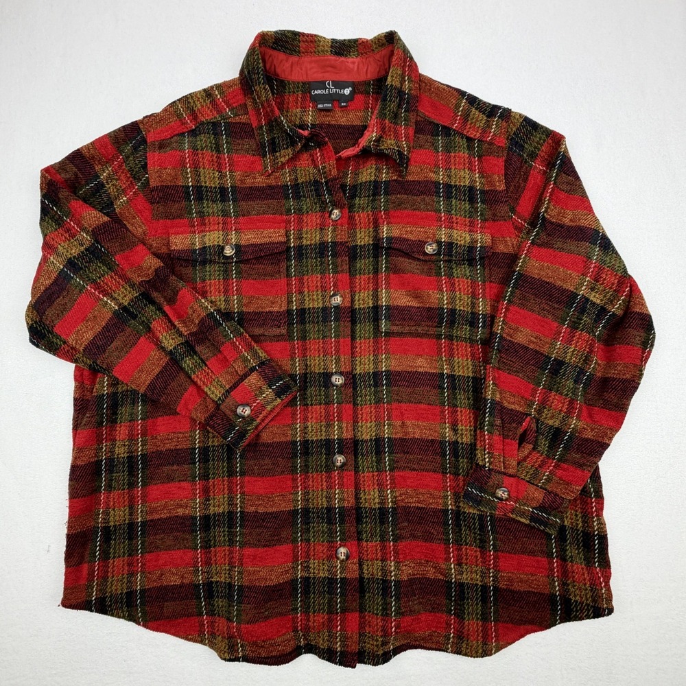 Carole Little II Red Plaid Button Up Shirt Womens 3X Acrylic Flannel Shacket